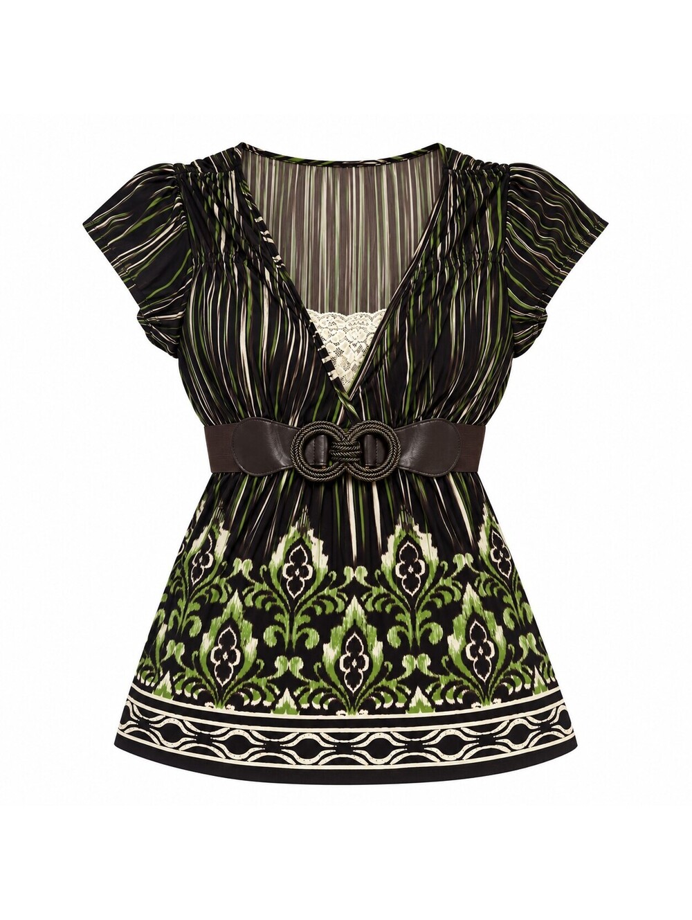 Heart Soul Y2K Belted Babydoll Top Womens XL Green Empire Waist V-Neck Lace Boho